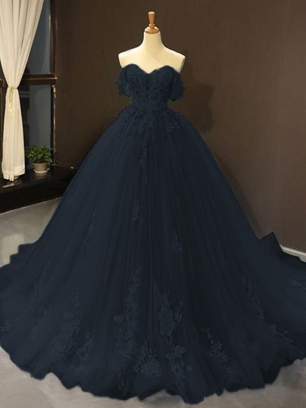 Selena | Sky Blue Prom Dresses Long Ball Gown Tulle Off - the - Shoulder Sleeveless Applique - Dark Navy - PromDressClub