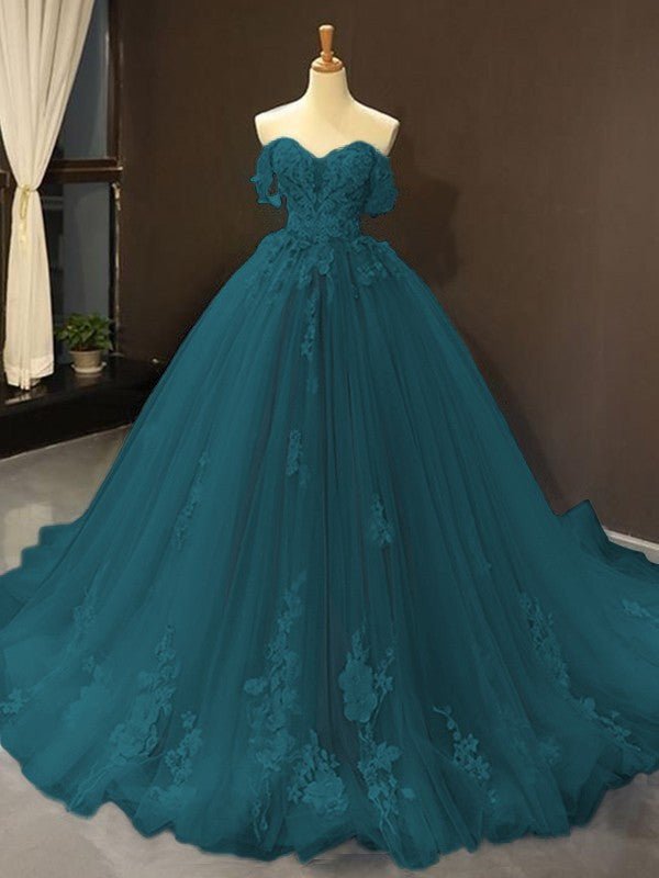 Selena |Ball Gown Natural Tulle Off - the - Shoulder Sleeveless Applique Sweep/Brush Train Prom Dresses 2025 - Dark Navy - US0 - PromDressClub