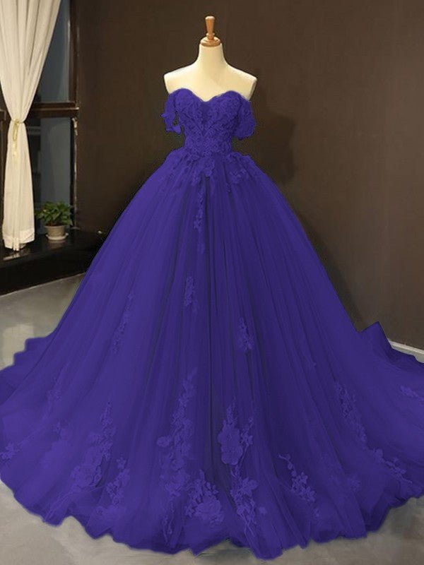 Selena |Ball Gown Natural Tulle Off - the - Shoulder Sleeveless Applique Sweep/Brush Train Prom Dresses 2025 - Dark Navy - US0 - PromDressClub