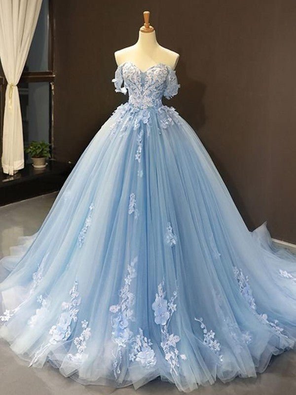 Selena |Ball Gown Natural Tulle Off - the - Shoulder Sleeveless Applique Sweep/Brush Train Prom Dresses 2025 - Sky Blue - US0 - PromDressClub