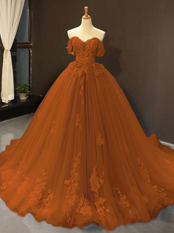 Selena | Sky Blue Prom Dresses Long Ball Gown Tulle Off - the - Shoulder Sleeveless Applique - Rust - PromDressClub