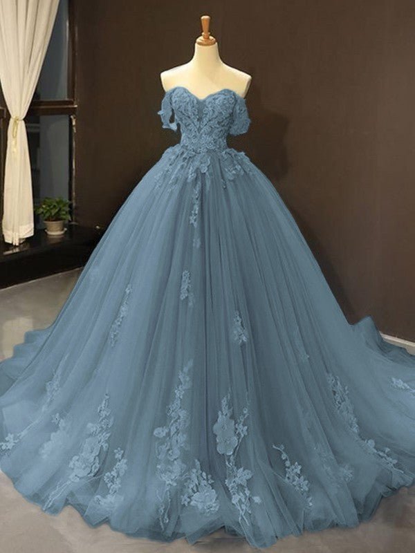 Selena |Ball Gown Natural Tulle Off - the - Shoulder Sleeveless Applique Sweep/Brush Train Prom Dresses 2025 - Dark Navy - US0 - PromDressClub