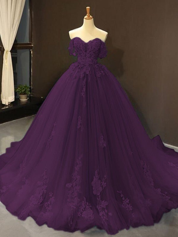 Selena |Ball Gown Natural Tulle Off - the - Shoulder Sleeveless Applique Sweep/Brush Train Prom Dresses 2025 - Dark Navy - US0 - PromDressClub