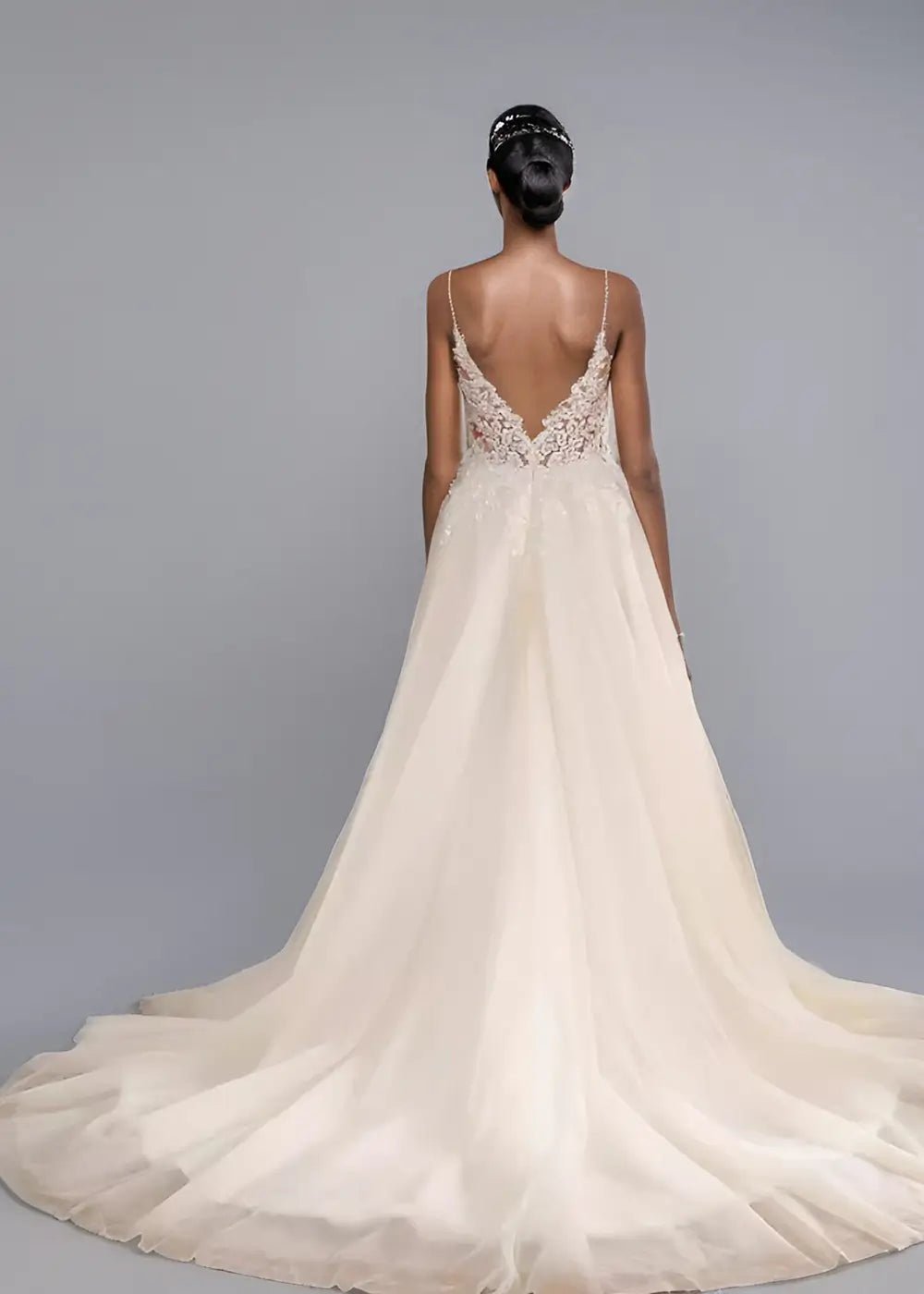 Rita |Ball - Gown/Princess V - Neck Waterfall Skirt Court Train Tulle Lace Long Wedding Dress With Train - Champagne - PromDressClub