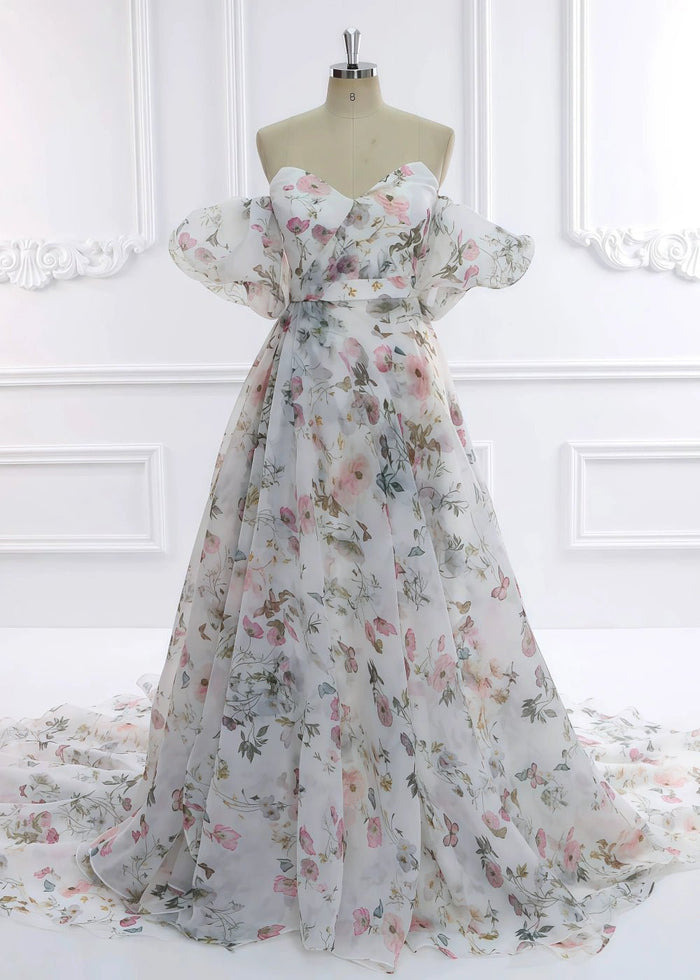 Ball Gown/Princess White Print Floral Strapless Corset Detachable Sleeve Formal Dress with Slit - White Floral - PromDressClub
