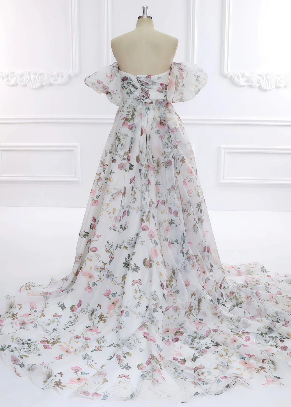 Ball Gown/Princess White Print Floral Strapless Corset Detachable Sleeve Formal Dress with Slit - White Floral - PromDressClub