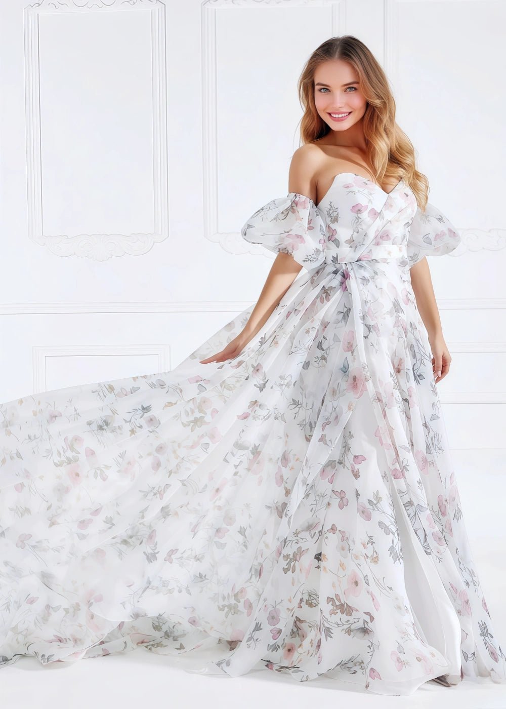 Ball Gown/Princess White Print Floral Strapless Corset Detachable Sleeve Formal Dress with Slit - White Floral - PromDressClub