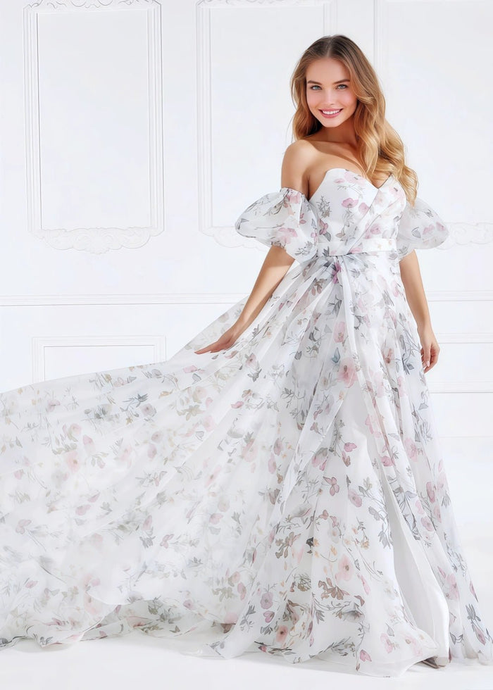 Ball Gown/Princess White Print Floral Strapless Corset Detachable Sleeve Formal Dress with Slit - White Floral - PromDressClub
