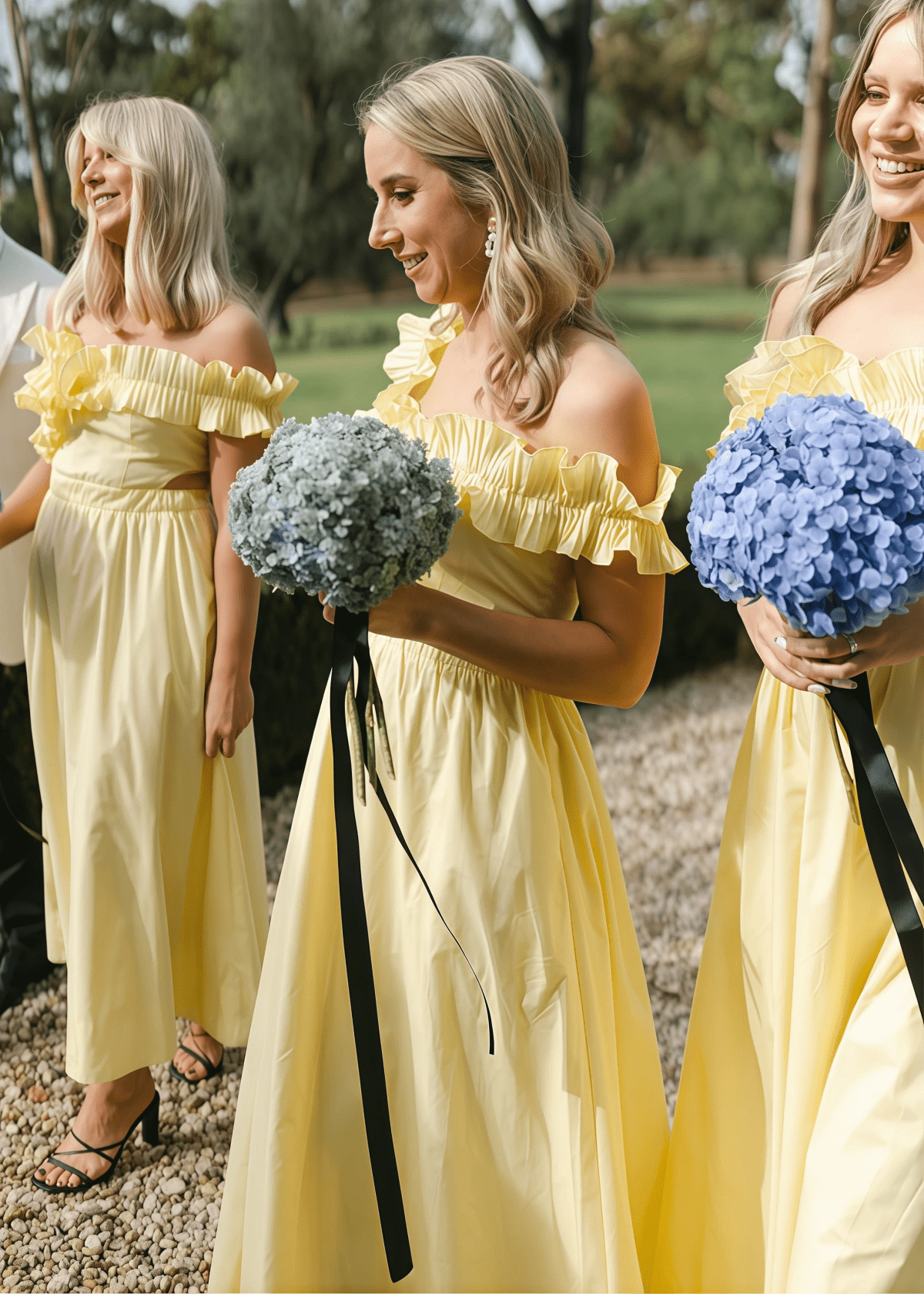 Barbara | Chic A - Line Ruffles Backless Pale Yellow Satin Maxi Bridesmaid Dress with Off the Shoulder - Pale Yellow - PROMDRESS Club