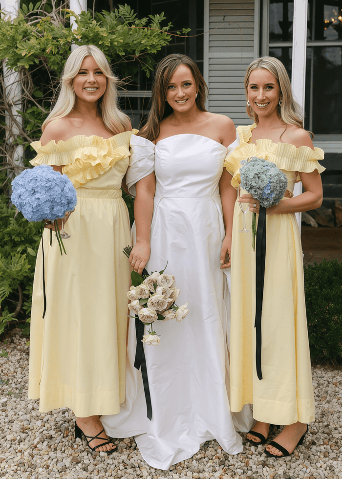 Barbara | Chic A - Line Ruffles Backless Pale Yellow Satin Maxi Bridesmaid Dress with Off the Shoulder - Price #price_variant_lowest# - Pale Yellow - PromDressClub