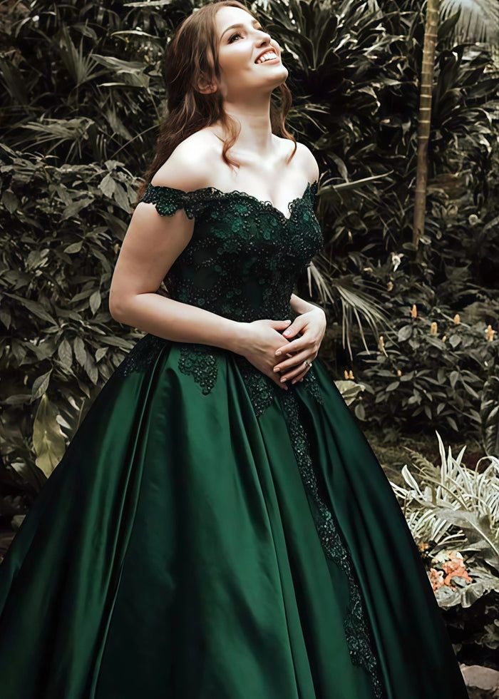 Beatrice | A - Line Lace Green Prom Dress With Off Shoulder - Green - PromDressClub