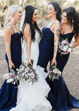 Belinda | Simple Mermaid Navy Blue Satin Maxi Bridesmaid Dress with Spaghetti Straps and Sweetheart Neck - Navy Blue - PROMDRESS Club