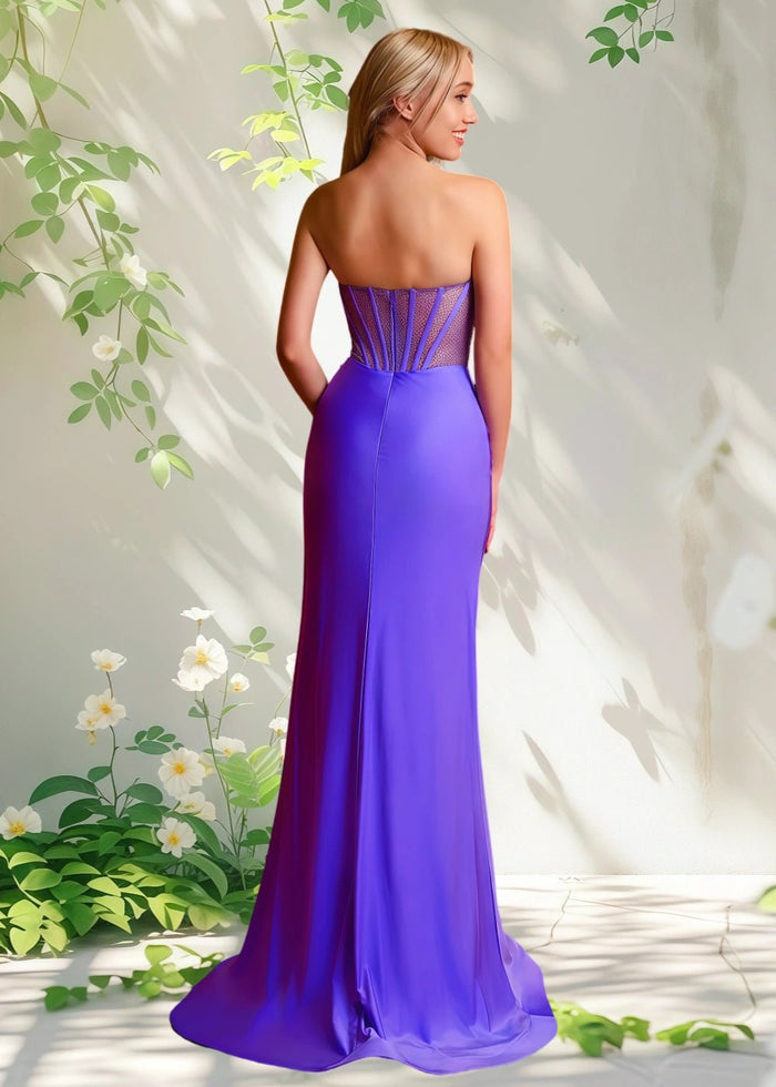 Bella | Mermaid Fuchsia Pleated Strapless Corset Beaded Formal Dress with Slit - Purple - PromDressClub