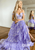 Belle |Lilac Prom Dress Long A - Line Romantic Off The Shoulder Glitter With Appliques - Lilac - PromDressClub