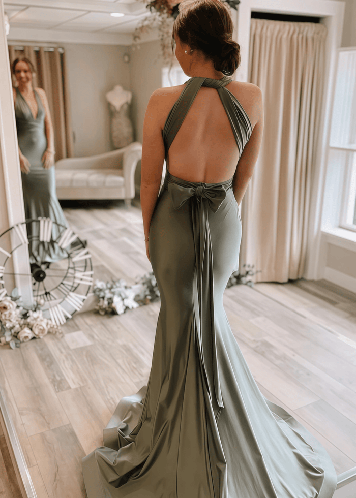 Bernice | Amazing Evening Trumpet Bows Backless Sage Green Satin Maxi Formal Dress with Deep V - Neck - Price #price_variant_lowest# - Sage - PromDressClub