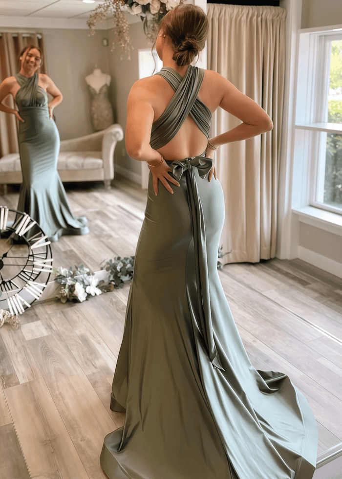 Bernice | Amazing Evening Trumpet Bows Backless Sage Green Satin Maxi Formal Dress with Deep V - Neck - Price #price_variant_lowest# - Sage - PromDressClub