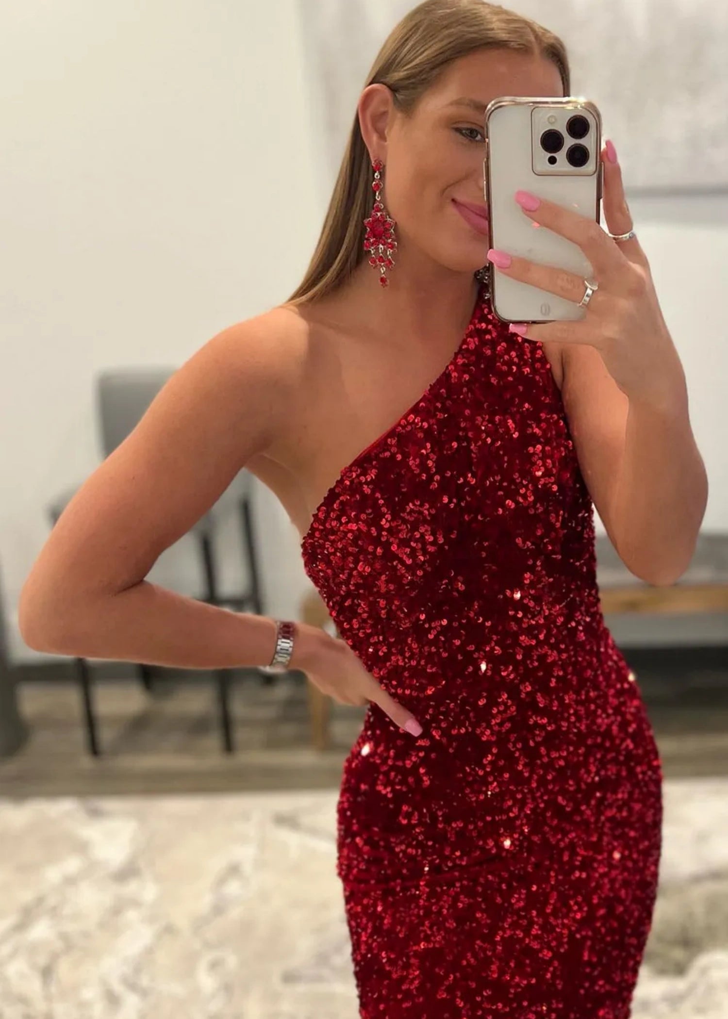 Bernice | Mermaid Long Pink Prom Dresses With Sequins One Shoulder - Burgundy - PromDressClub