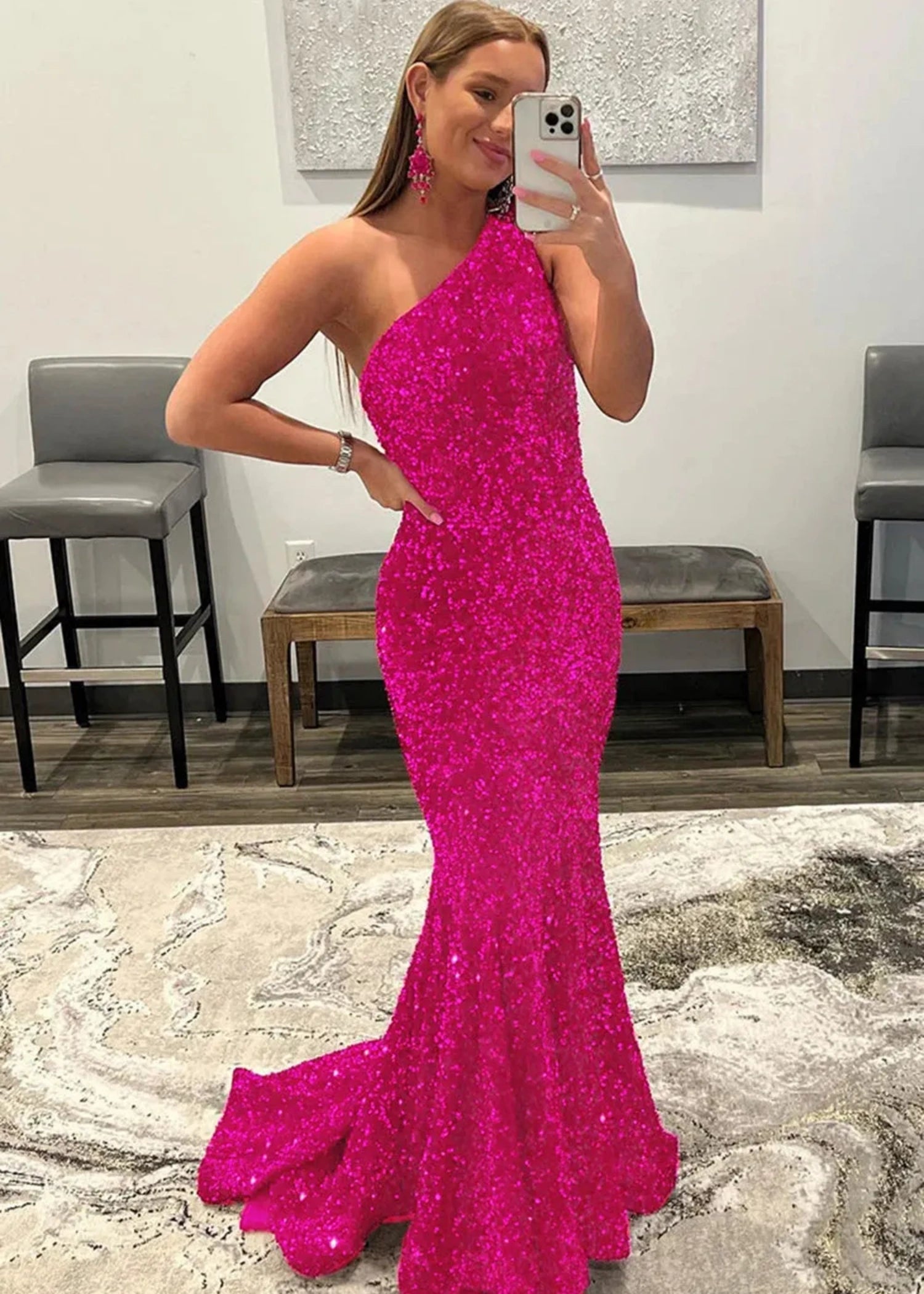 Bernice | Mermaid Long Pink Prom Dresses With Sequins One Shoulder - Fuchsia - PromDressClub
