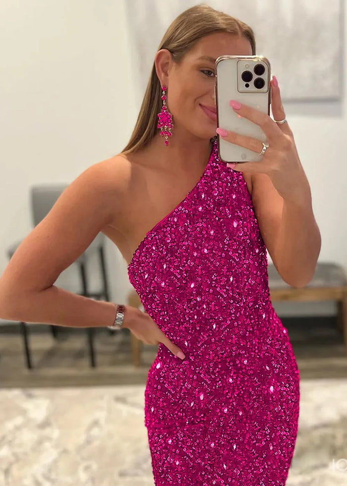 Bernice | Mermaid Long Pink Prom Dresses With Sequins One Shoulder - Hot Pink - PromDressClub