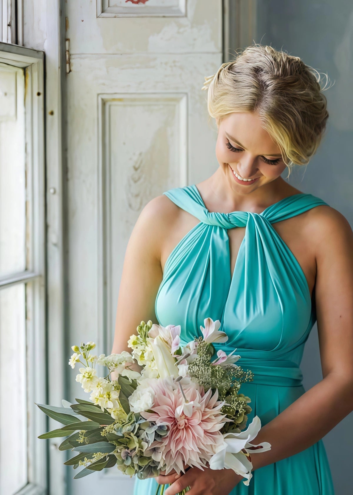 Bertha | A - Line Backless Infinty Green Chiffon Maxi Bridesmaid Dress with Sleeveless - Green - PROMDRESS Club