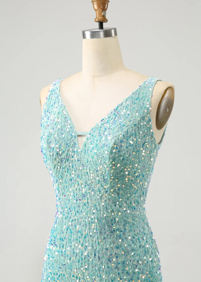 Beryl |Bodycon V - neck Sequins Short Dark Blue Homecoming Dress With Fringe - Sage - PromDressClub