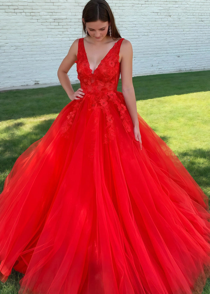 Betsy | A - Line Long Red Prom Dress With V - Neck Lace Appliques - Red - PromDressClub