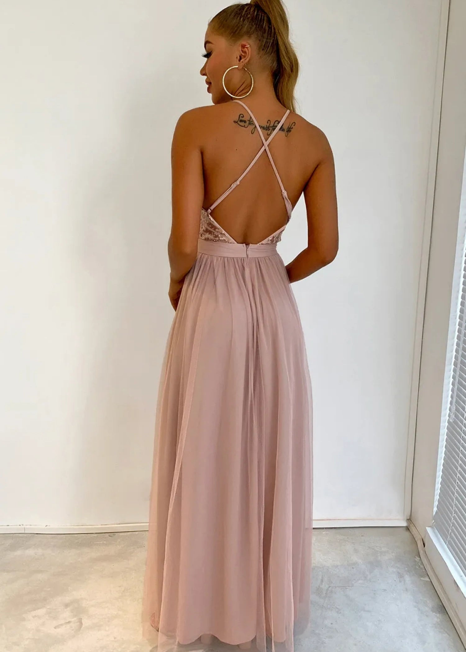 Beverly | A Line Long Green Prom Dress WithV - neck Sequin Slit - Blush - US0 - PromDressClub