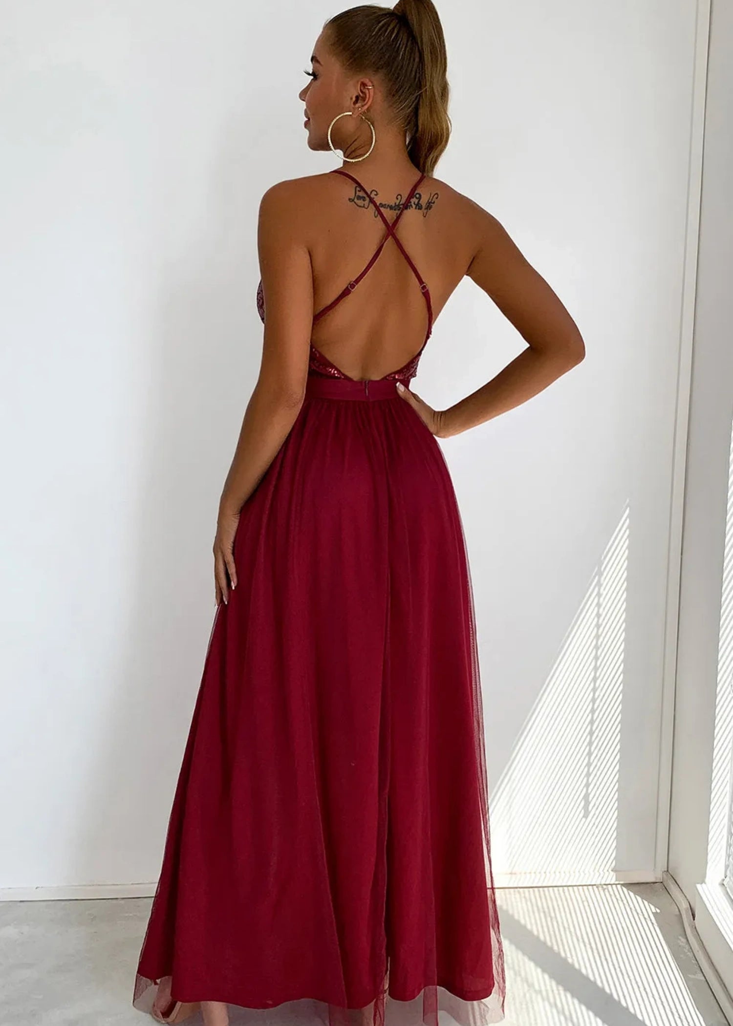 Beverly | A Line Long Green Prom Dress WithV - neck Sequin Slit - Burgundy - US0 - PromDressClub