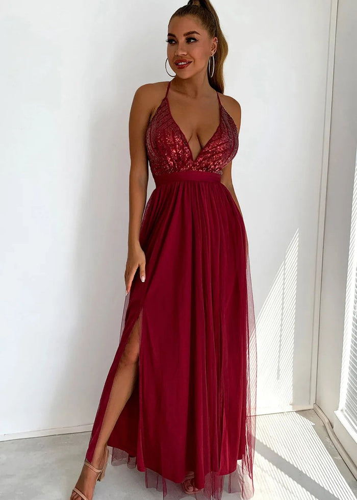 Beverly | A Line Long Green Prom Dress With V - neck Sequin Slit - Burgundy - PromDressClub