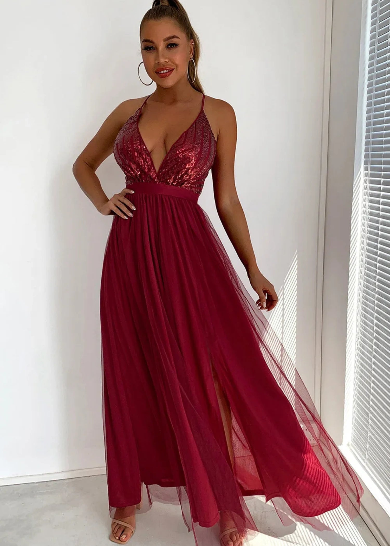 Beverly | A Line Long Green Prom Dress WithV - neck Sequin Slit - Burgundy - US0 - PromDressClub