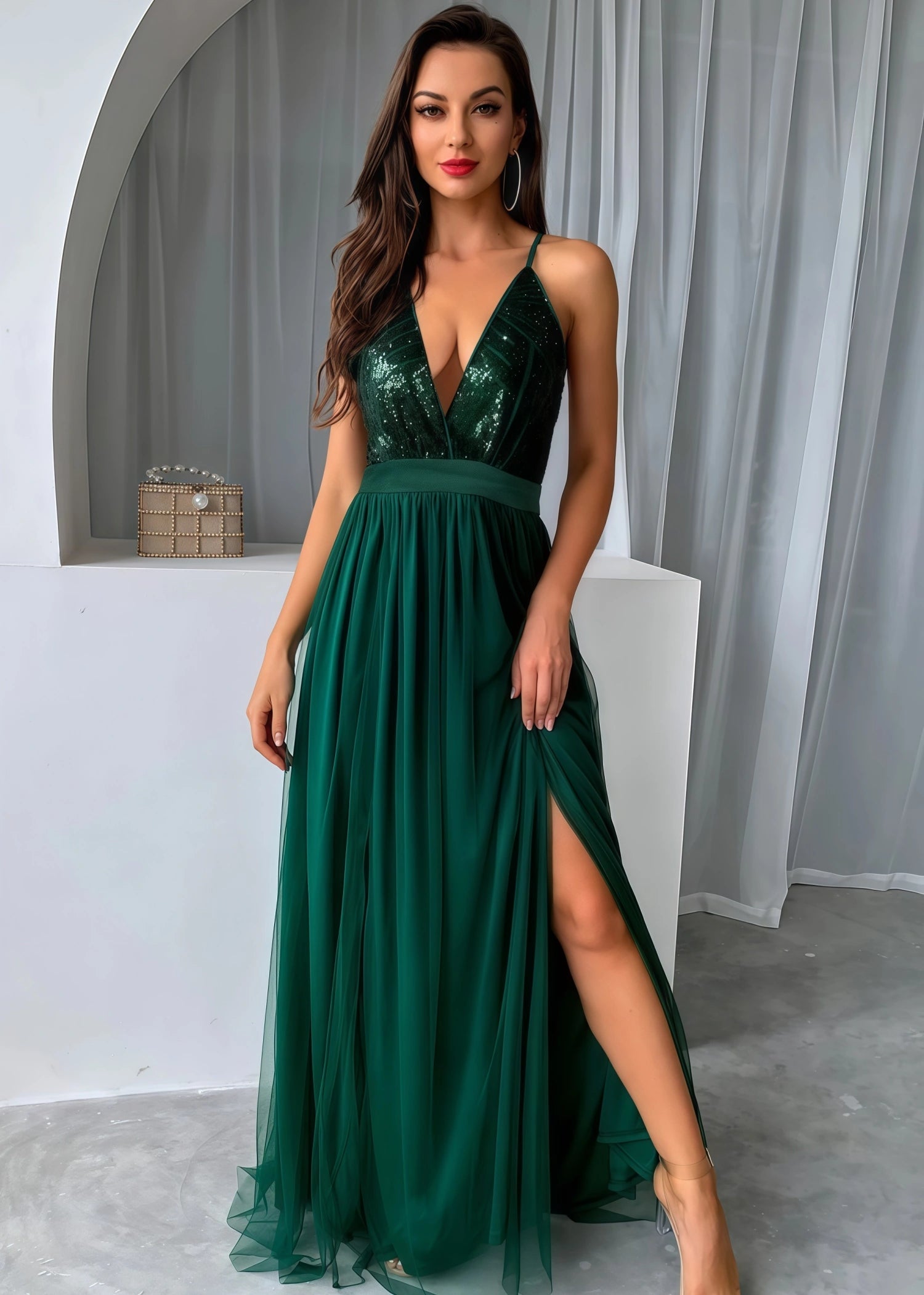 Beverly | A Line Long Green Prom Dress WithV - neck Sequin Slit - Green - US0 - PromDressClub