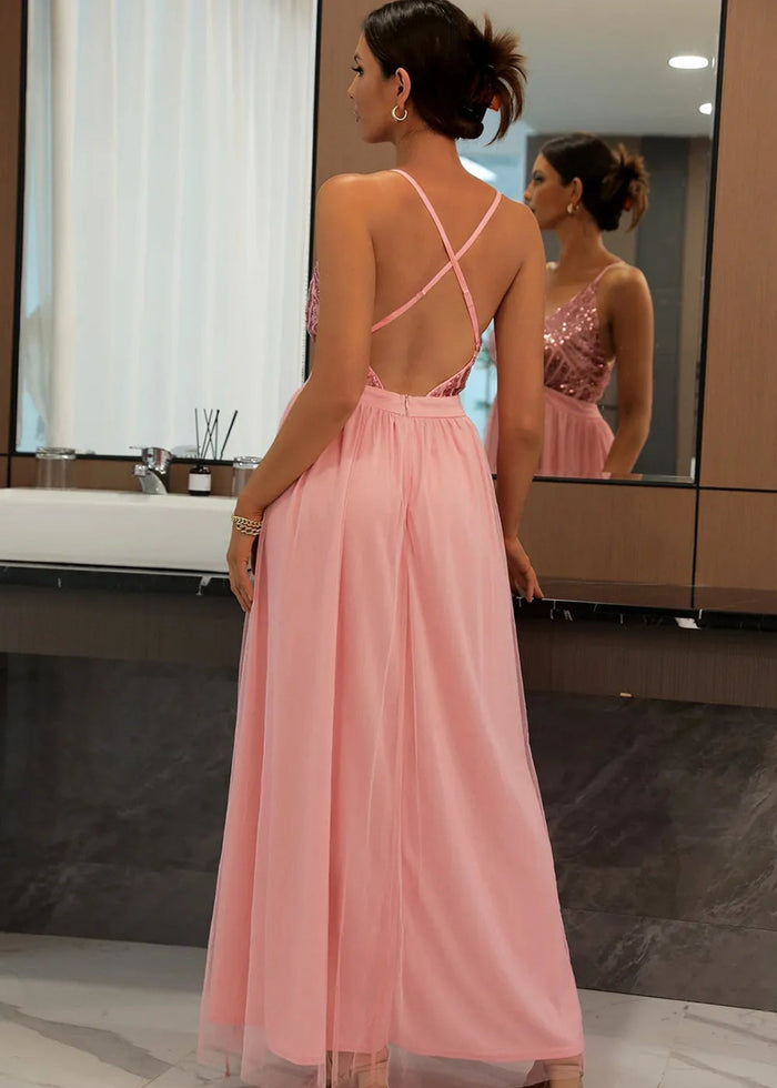 Beverly | A Line Long Green Prom Dress With V - neck Sequin Slit - Pink - PromDressClub