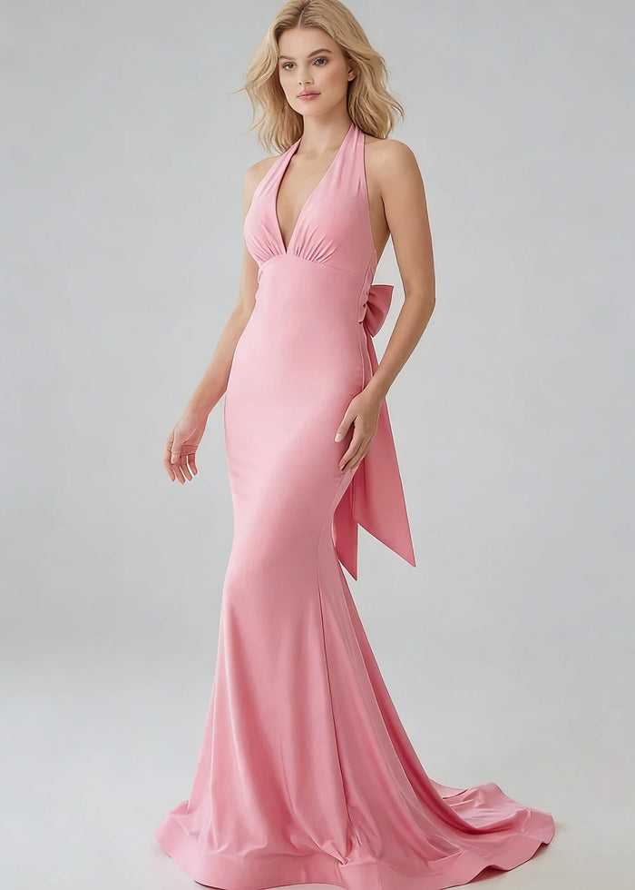 Bex Pink Satin Prom Dress with Halter Top | Mermaid V - Neck Pleated Sweep Train Bow Formal Dress - Pink - PromDressClub