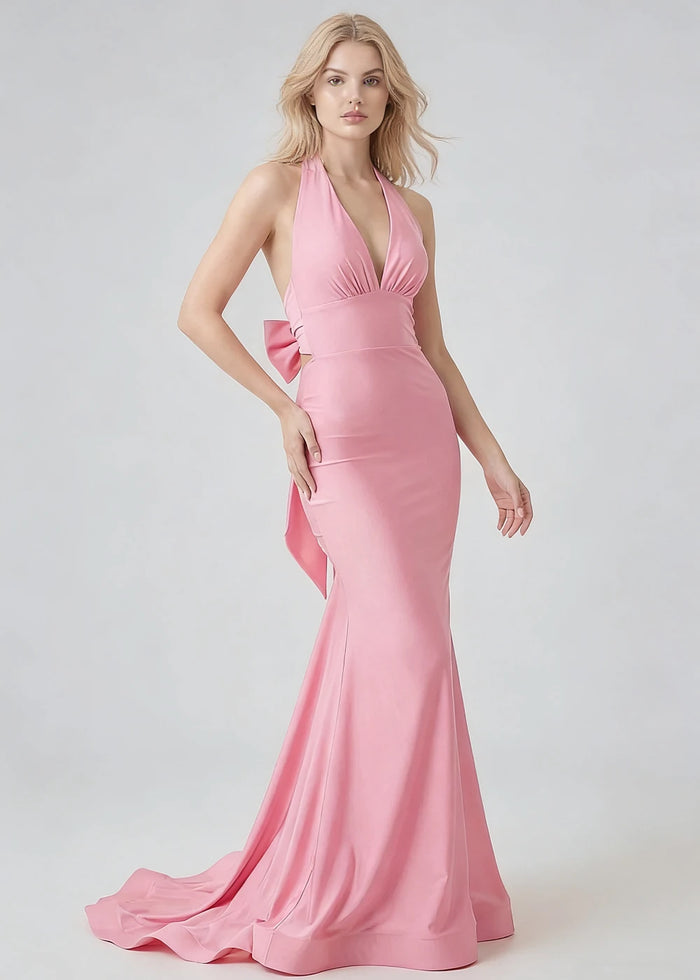 Bex Pink Satin Prom Dress with Halter Top | Mermaid V - Neck Pleated Sweep Train Bow Formal Dress - Pink - PromDressClub