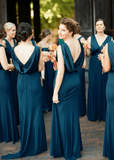 Blythe | Chic A - Line Backless Boho Navy Blue Chiffon Maxi Bridesmaid Dress with V - Neck - Navy Blue - PROMDRESS Club