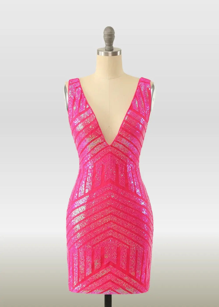 Olive |Bodycon Fuchsia Open Back V - Neck Tight Corset Dress Short Homecoming Dress with Sequins - Fuchsia - PromDressClub