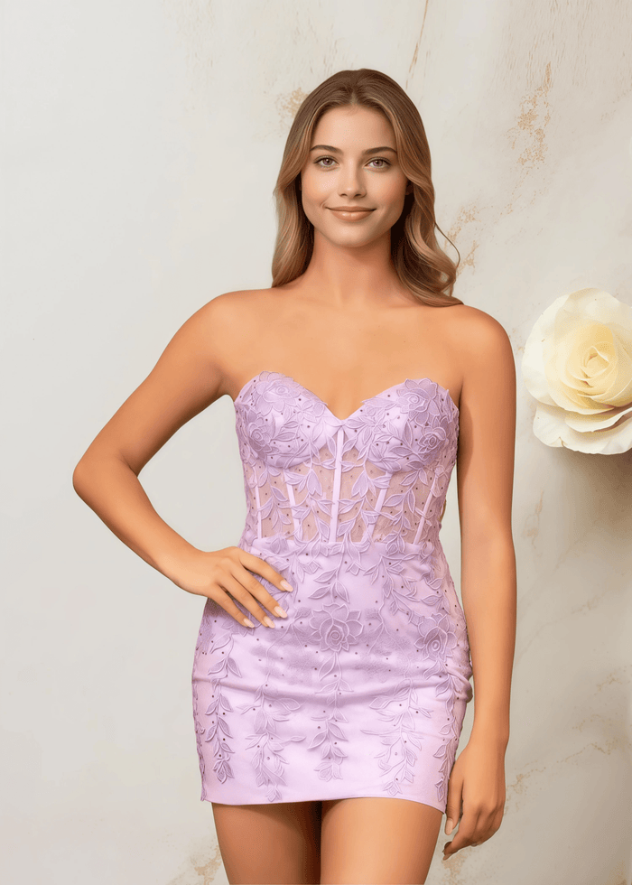 Edith |Bodycon Lace Mini Lilac Homecoming Dress - US0 - PromDressClub
