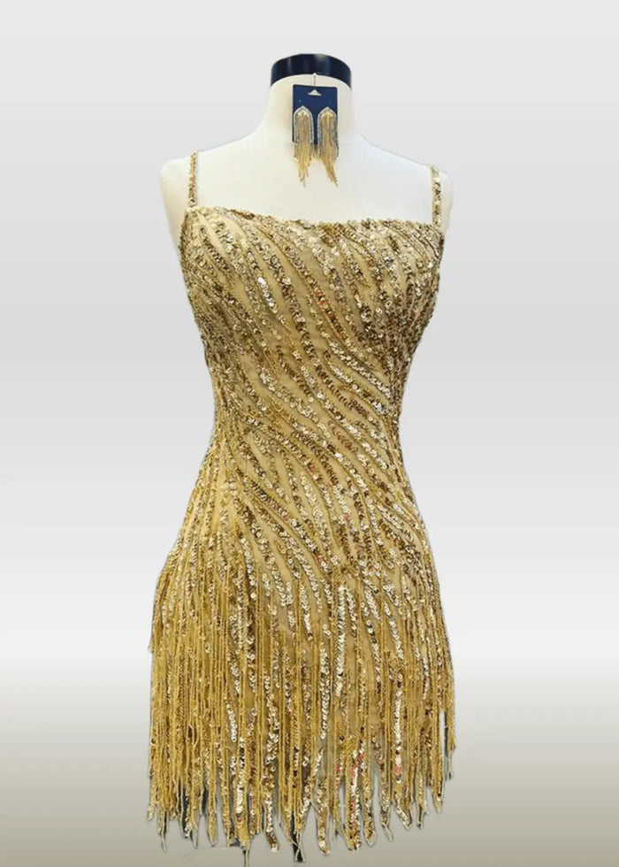 Natalie |Bodycon Sparkly Sheath Open Back Corset Gold Short Homecoming Dress with Tassel - Gold - PromDressClub