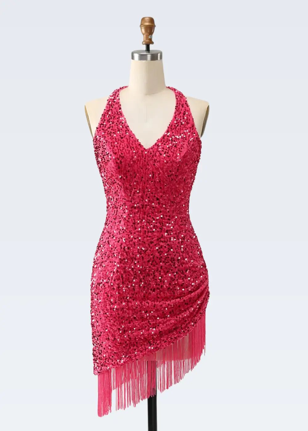 Nancy |Bodycon Sparkly V - Neck Fuchsia Halter Neck Sequins Short Homecoming Dress with Fringe - Fuchsia - PromDressClub
