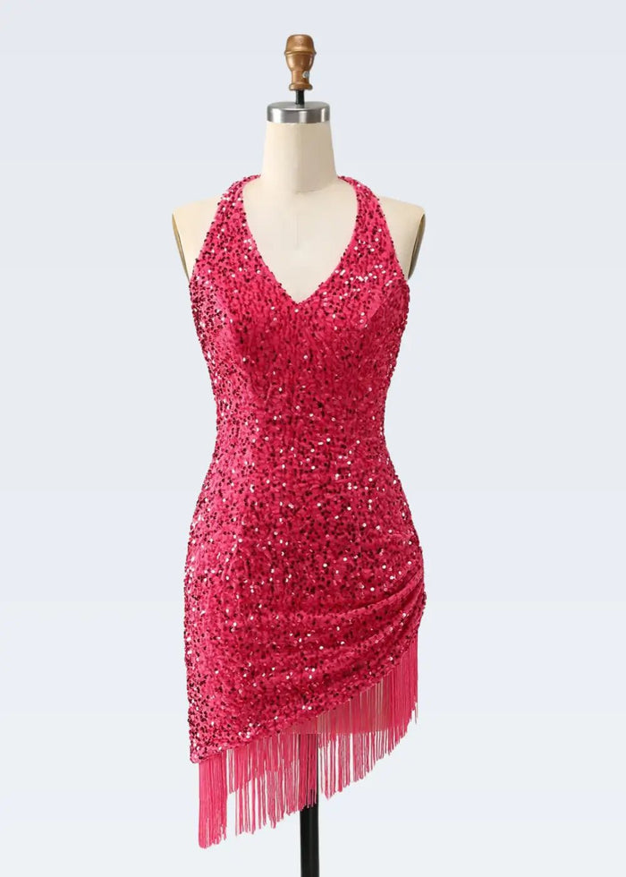 Nancy |Bodycon Sparkly V - Neck Fuchsia Halter Neck Sequins Short Homecoming Dress with Fringe - Fuchsia - PromDressClub