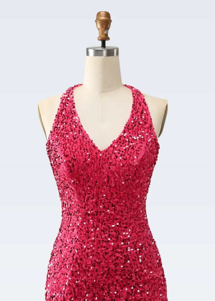 Nancy |Bodycon Sparkly V - Neck Fuchsia Halter Neck Sequins Short Homecoming Dress with Fringe - Fuchsia - PromDressClub