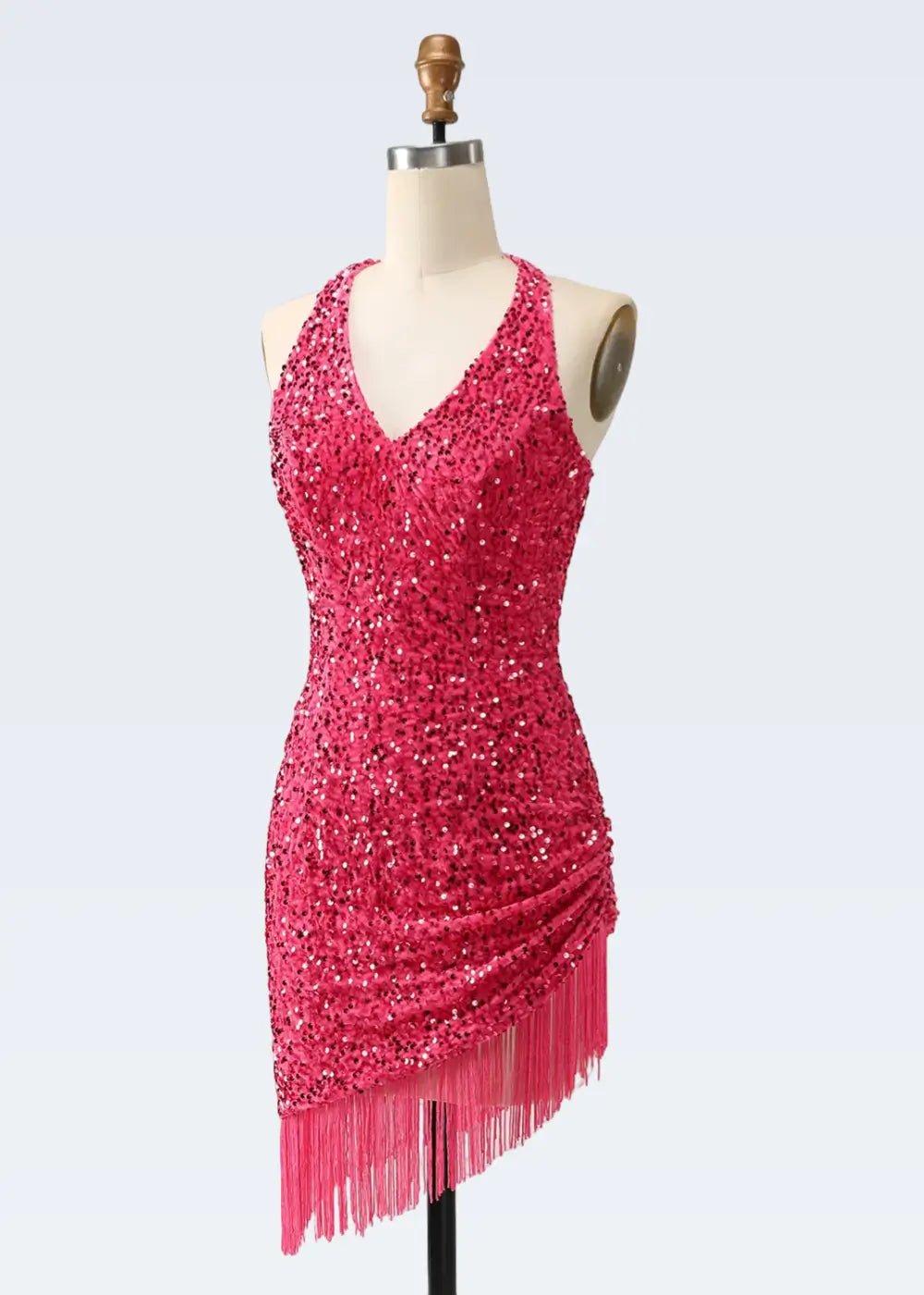 Nancy |Bodycon Sparkly V - Neck Fuchsia Halter Neck Sequins Short Homecoming Dress with Fringe - Fuchsia - PromDressClub