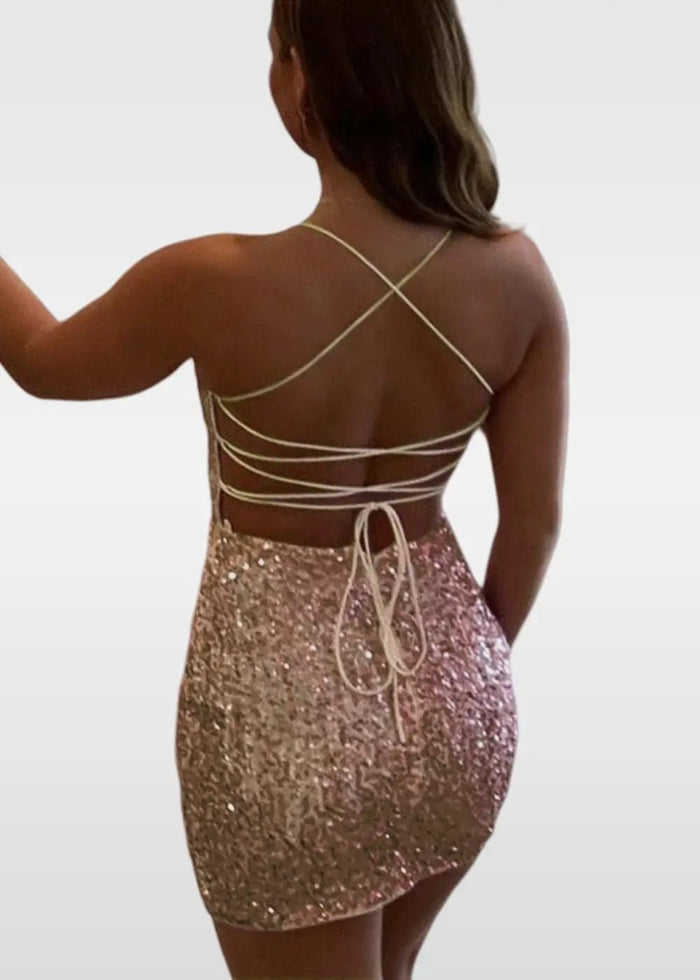 Queena |Bodycon Square Pink Short Homecoming Dresses with Sequined - Gold - PromDressClub