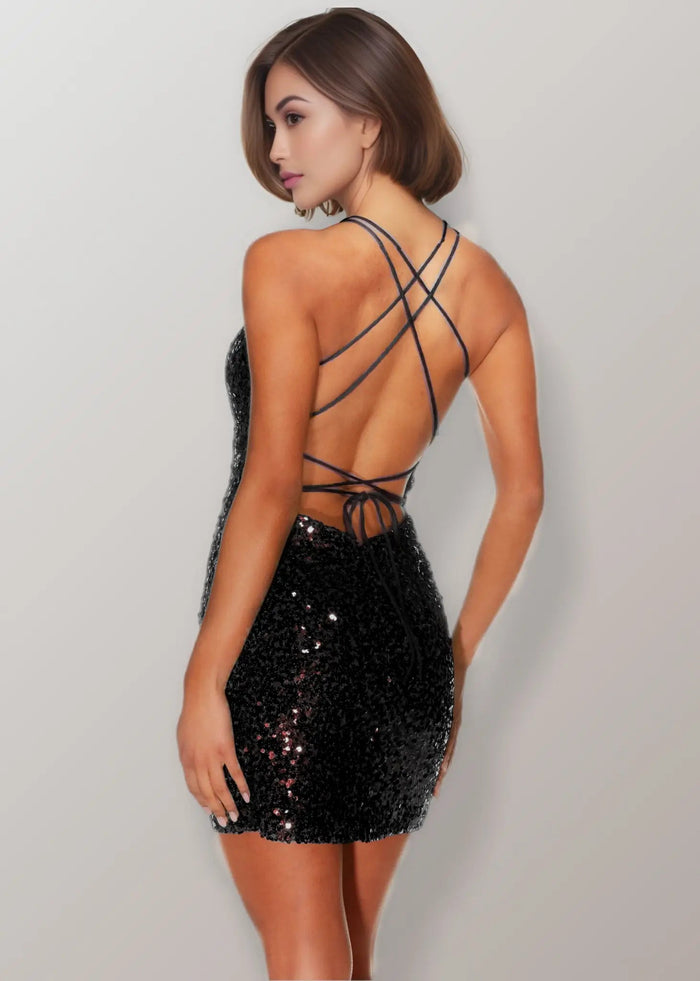 Monica |Bodycon Straight Plunging Neckline Strappy Back Sequin Mini Green Short Homecoming Dress With Sparkly - Black - PromDressClub