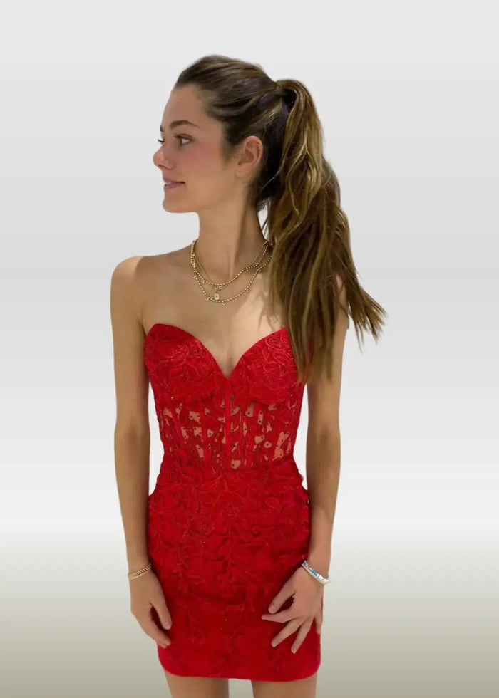 Mildred |Bodycon Sweetheart Corset Dress Pink Lace Homecoming Dress with Appliques - Red - PromDressClub