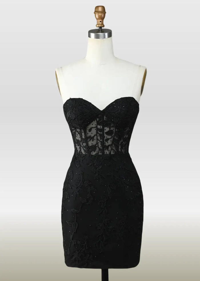 Mildred |Bodycon Sweetheart Corset Dress Pink Lace Homecoming Dress with Appliques - Black - PromDressClub