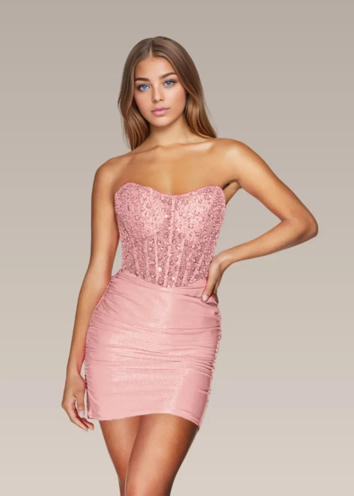 Meroy |Bodycon Sweetheart Strapless Straight Closed Back Corset Dress Short Homecoming Dress With Embellished Ruched - Pink - PromDressClub