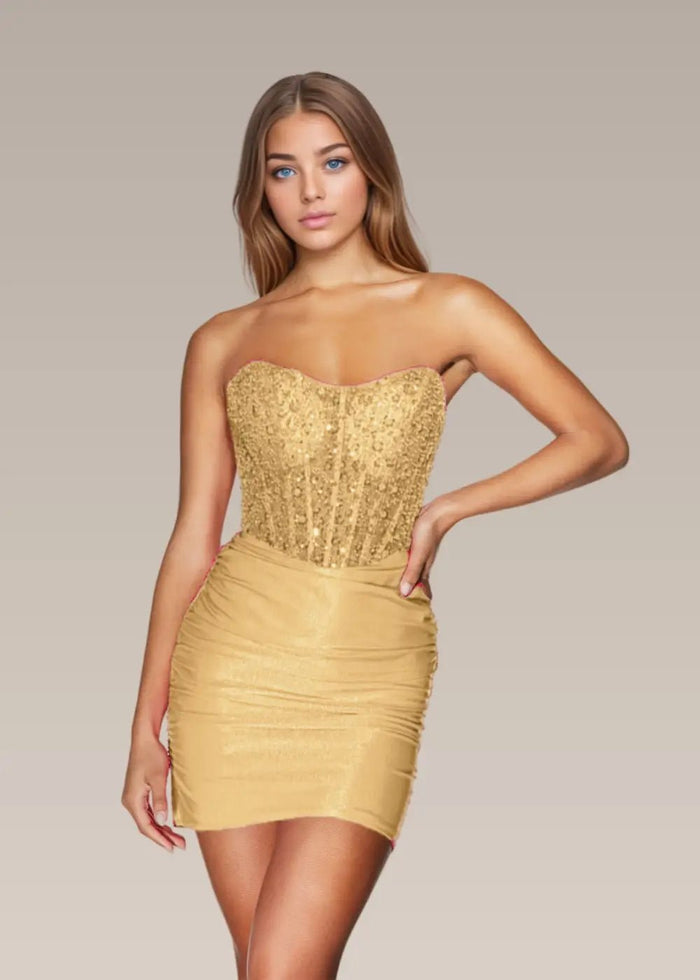 Meroy |Bodycon Sweetheart Strapless Straight Closed Back Corset Dress Short Homecoming Dress With Embellished Ruched - Gold - PromDressClub