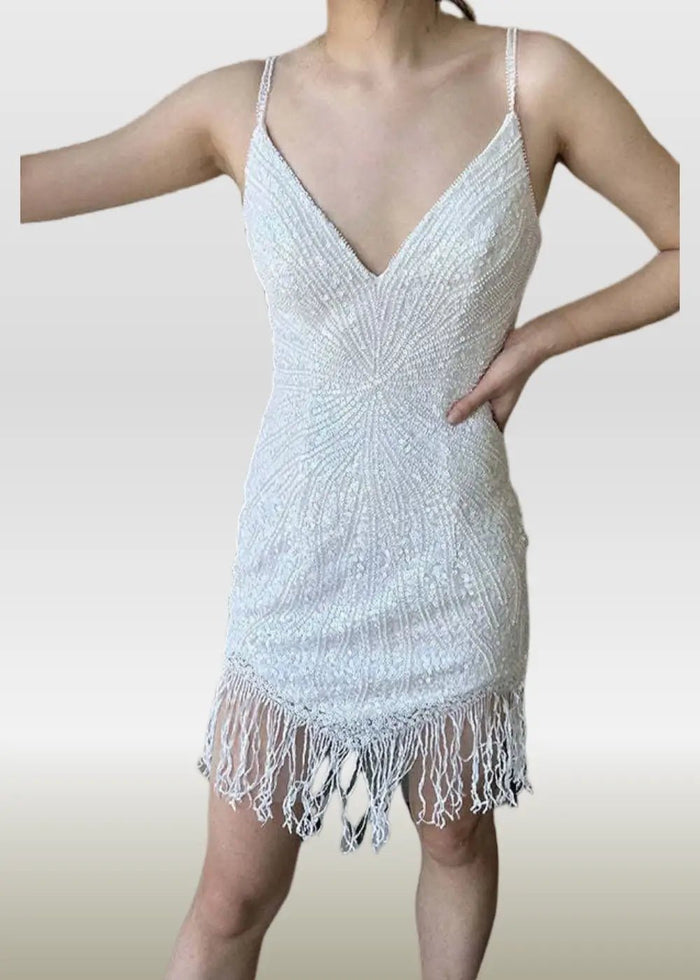 Maxine |Bodycon Sheath Corset White Sequin Short Homecoming Dress with Tassel - PromDressClub