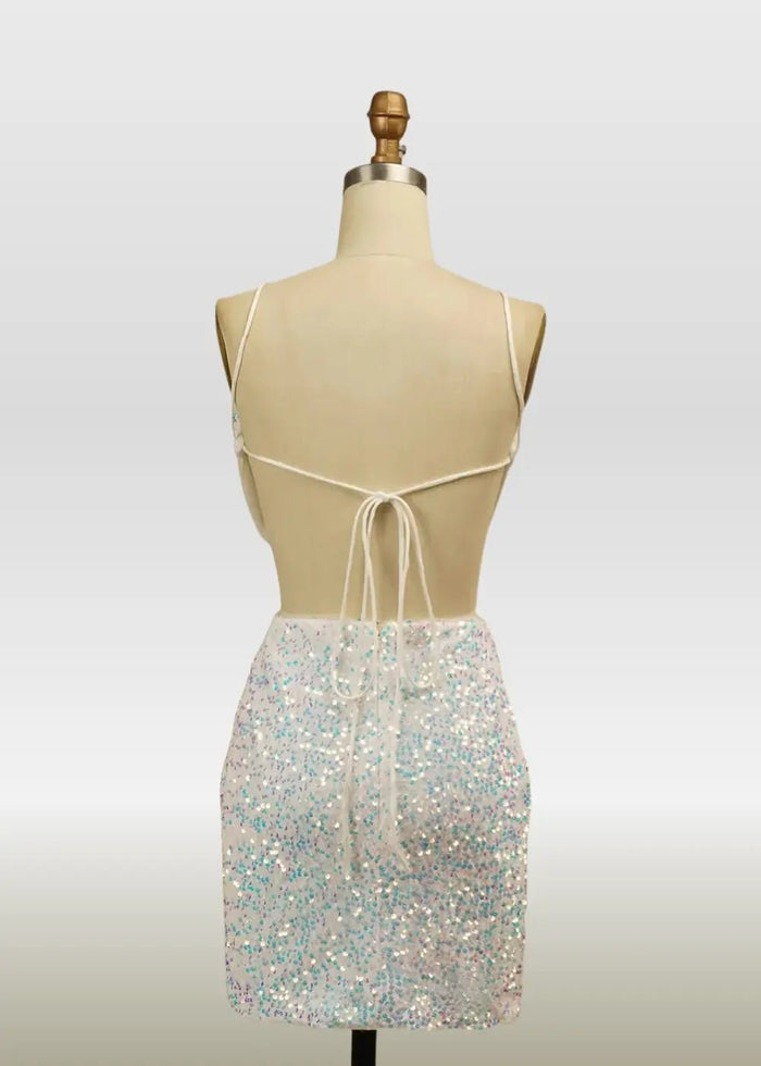 Marian |Bodycon White Square Backless Short/Mini Homecoming Dress with Sparkly Sequins - White - PromDressClub